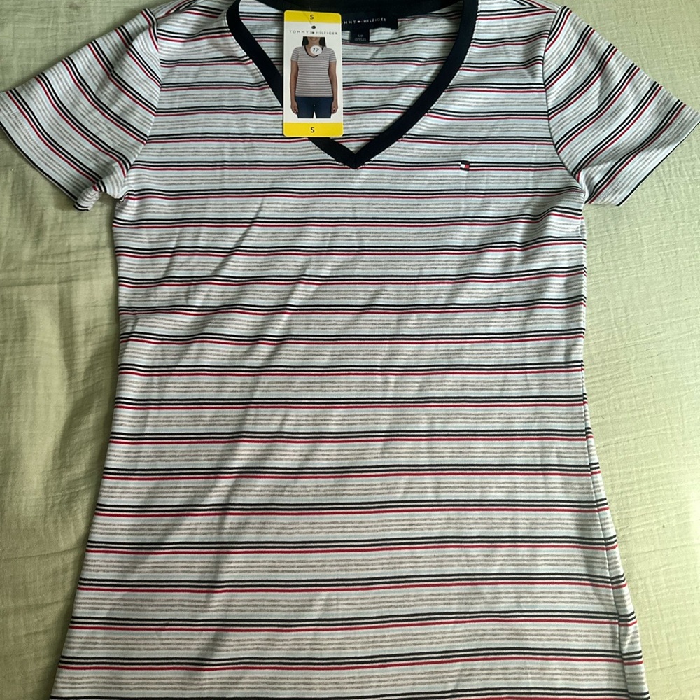 Tommy Hilfiger Women's V-Neck Striped Tee - Red, Black, and White